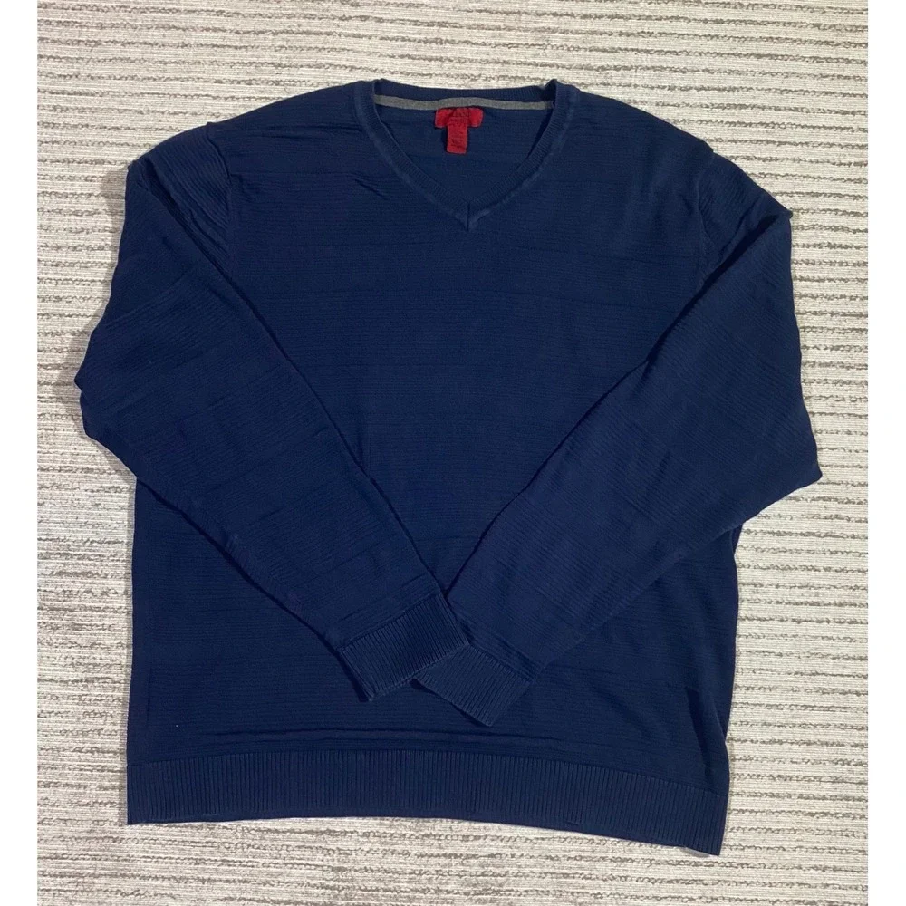 Alfani Mens XXL Slim Fit V-Neck Sweater Navy Blue Textured Knit Cotton Blend